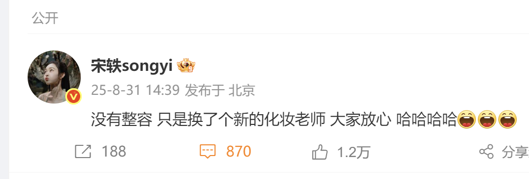 宋轶回应整容质疑：没有整容